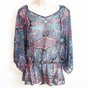 🆕 Bellefleur sheer paisley peplum 3/4 sleeve v neck blouse top blue red …